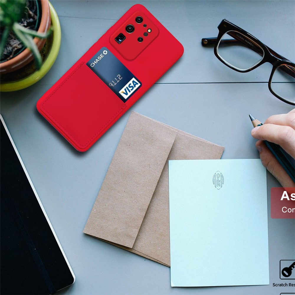 Anti-drop Liquid Silicone Shockproof Card Slot Design Cell Phone Shell for Samsung Galaxy S20 Ultra - Red-5