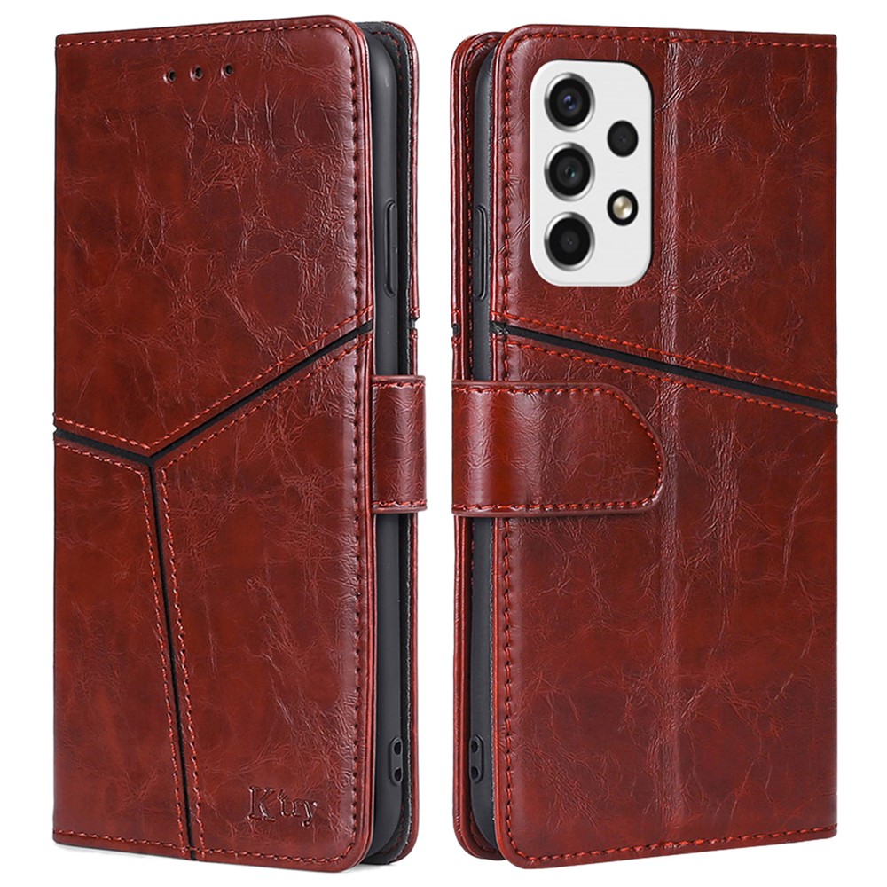 Splicing Geometric Pattern PU Leather Wallet Case Stand Inner TPU Flip Phone Cover for Samsung Galaxy A53 5G - Dark Brown-1