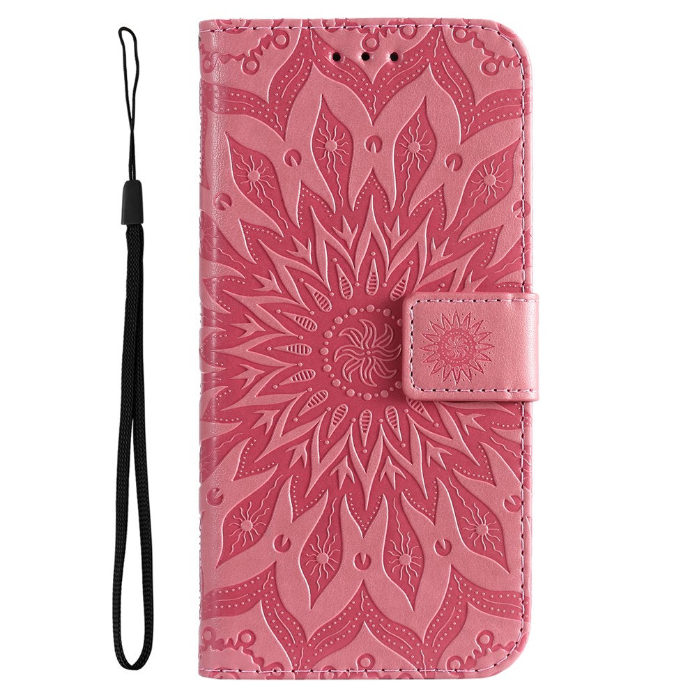 Imprinted Mandala Sun Pattern PU Leather Wallet Case Stand Shockproof Inner TPU Cover with Strap for Samsung Galaxy A53 5G - Pink-2