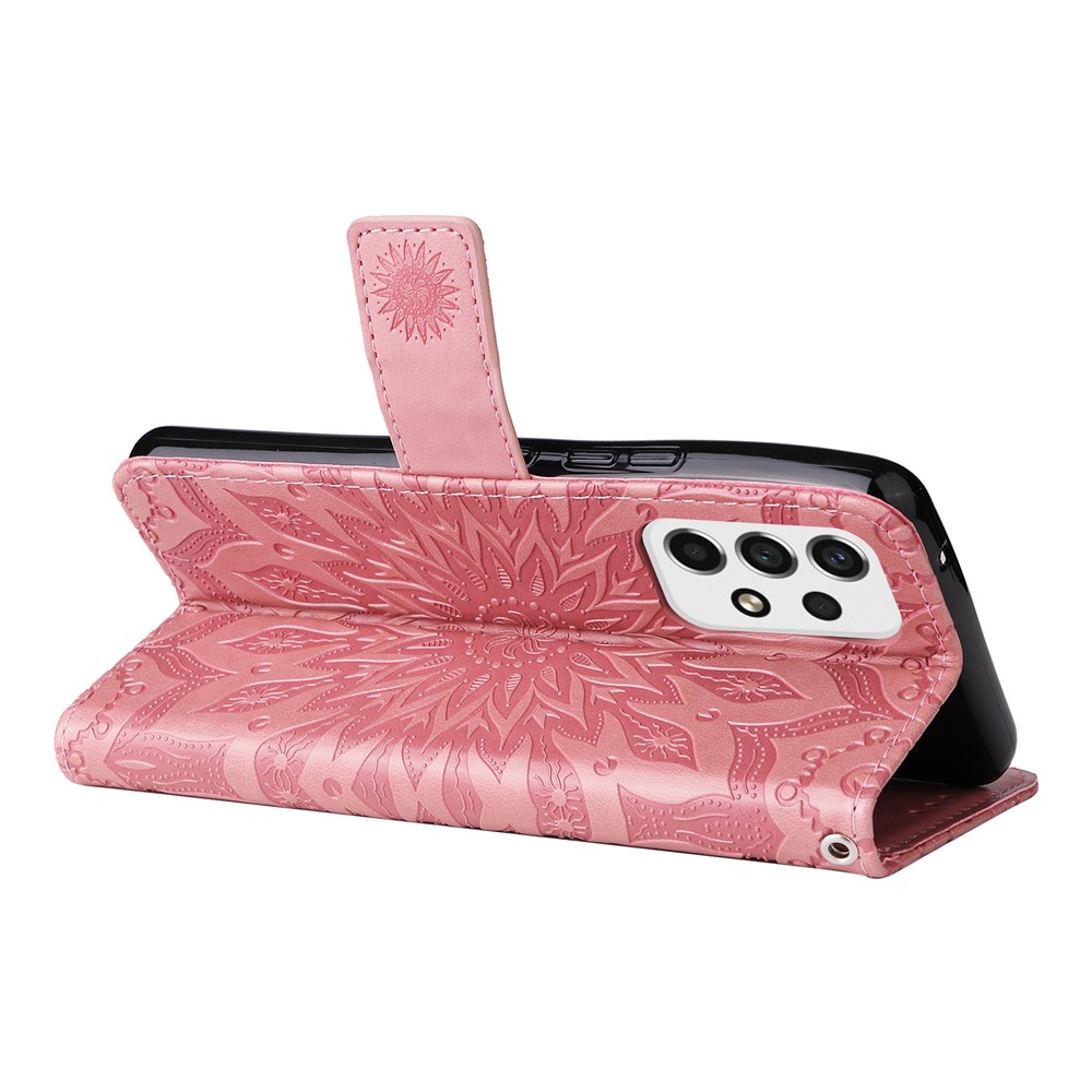 Imprinted Mandala Sun Pattern PU Leather Wallet Case Stand Shockproof Inner TPU Cover with Strap for Samsung Galaxy A53 5G - Pink-6