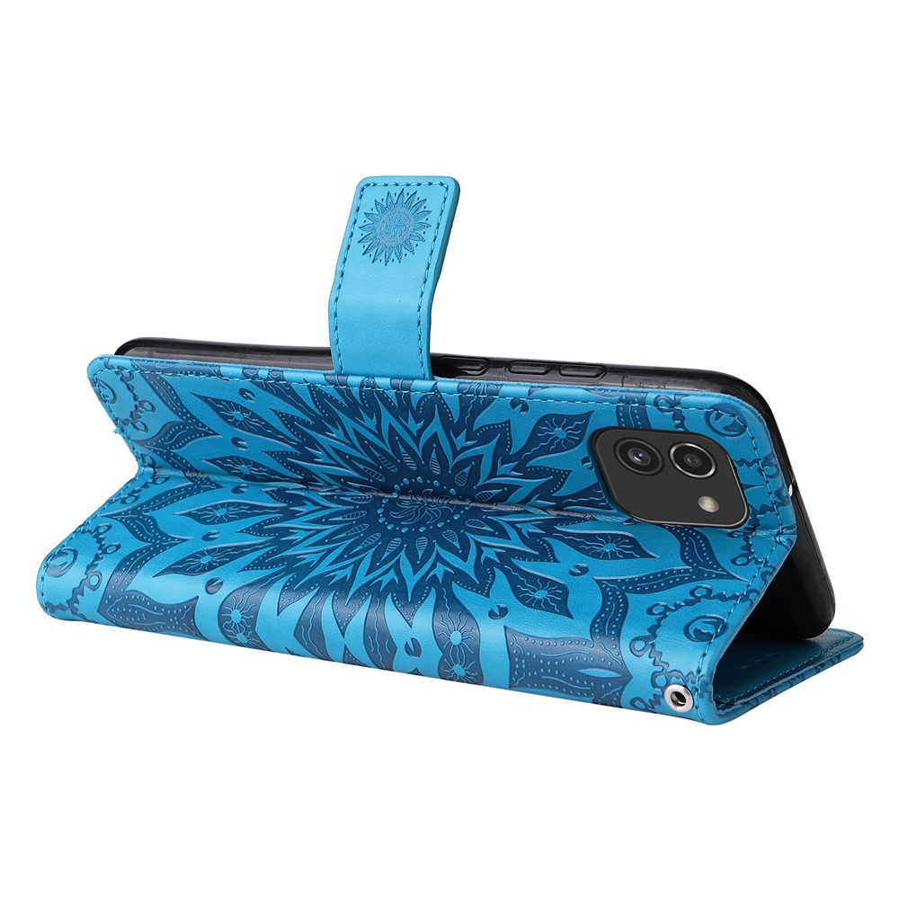 Full Protection Imprinted Mandala Sun Pattern PU Leather Case Stand Magnetic Flip Wallet Cover with Strap for Samsung Galaxy A03 (166.5 x 75.98 x 9.14mm) - Blue-6