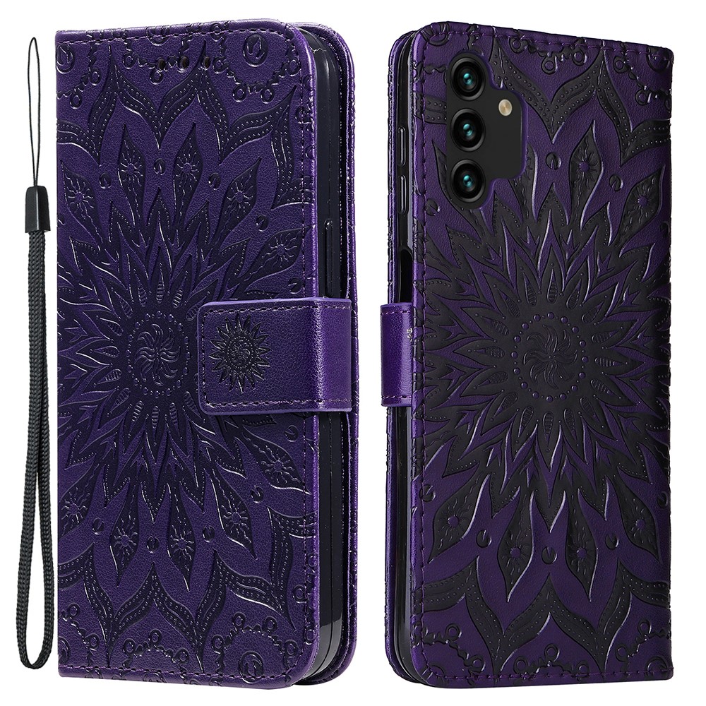 Mandala Sun Pattern Imprinted PU Leather Flip Cover Stand Magnetic Wallet Phone Case with Strap for Samsung Galaxy A13 4G / A13 Lite 4G - Purple-1