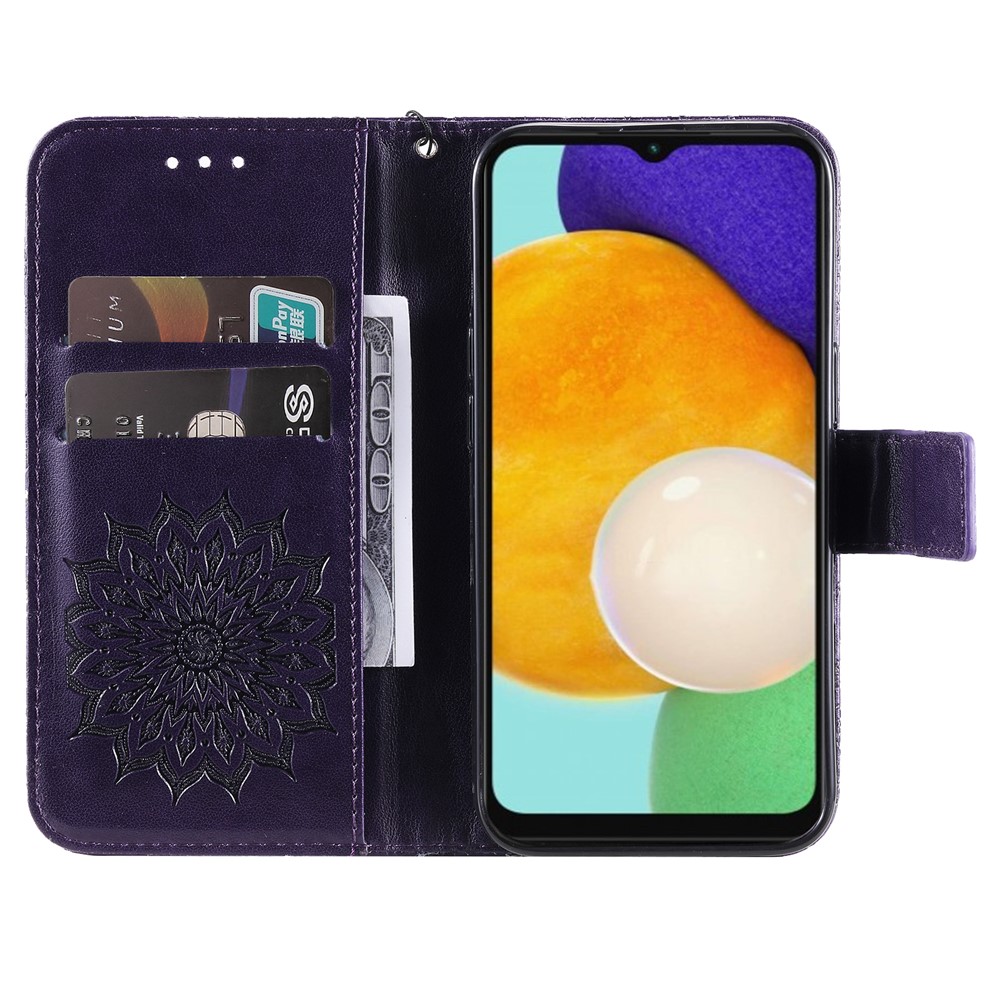 Mandala Sun Pattern Imprinted PU Leather Flip Cover Stand Magnetic Wallet Phone Case with Strap for Samsung Galaxy A13 4G / A13 Lite 4G - Purple-4