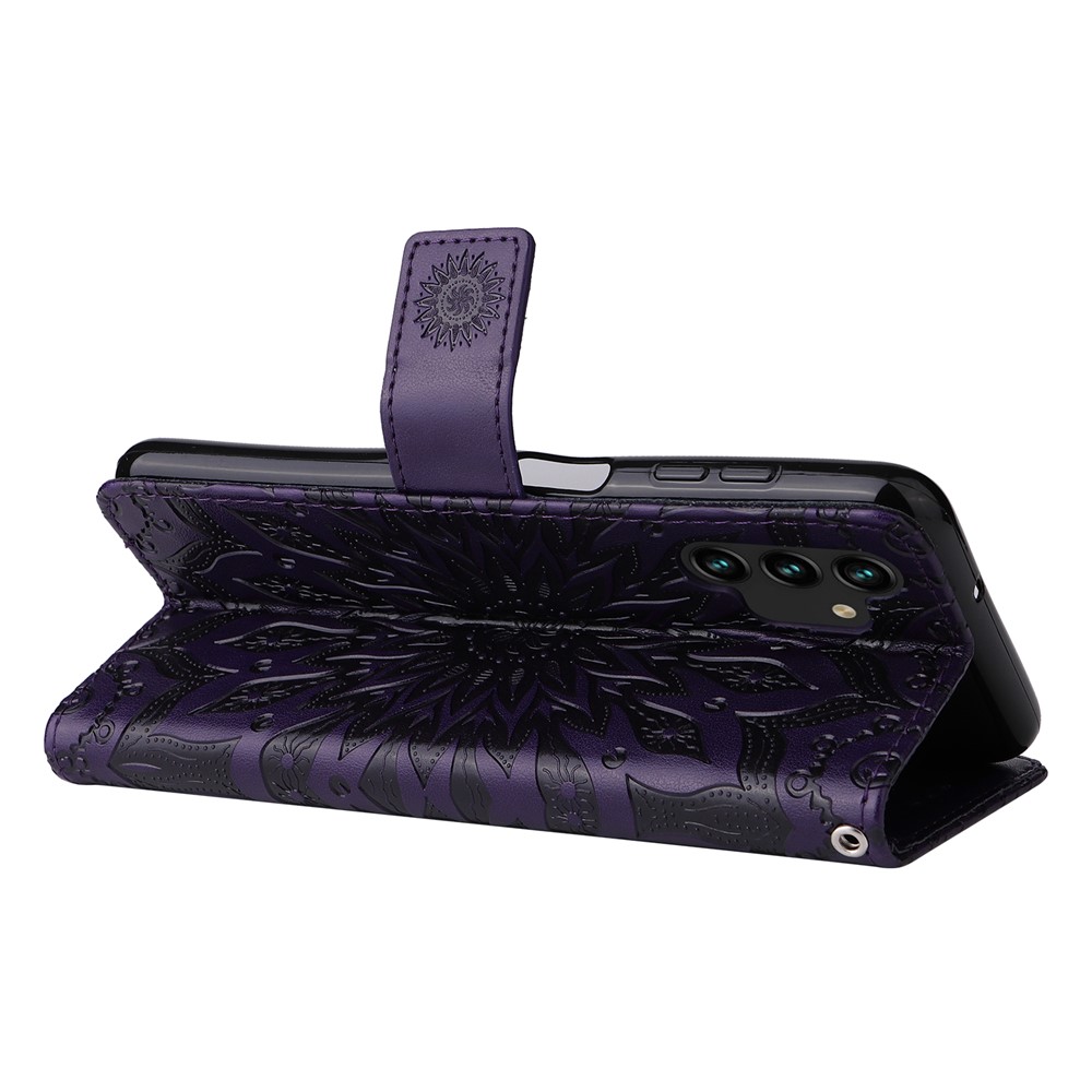 Mandala Sun Pattern Imprinted PU Leather Flip Cover Stand Magnetic Wallet Phone Case with Strap for Samsung Galaxy A13 4G / A13 Lite 4G - Purple-6