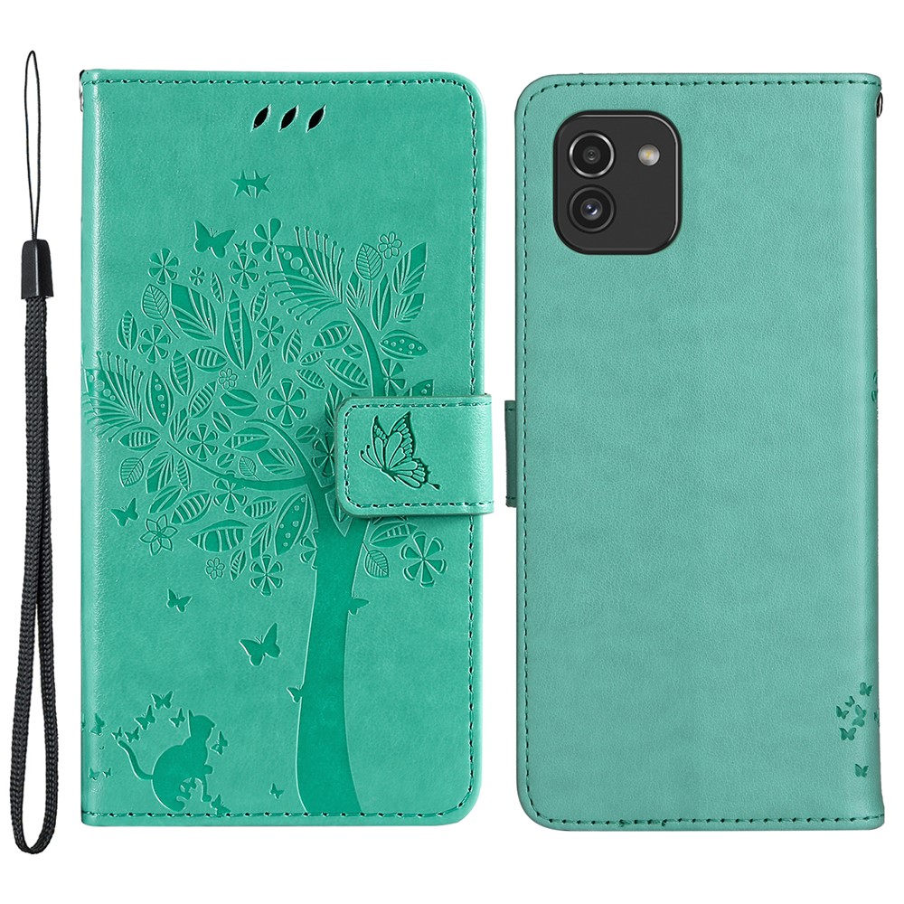 Cat Tree Pattern Imprinted PU Leather Wallet Case Flip Stand Magnetic Phone Cover with Strap for Samsung Galaxy A03 (166.5 x 75.98 x 9.14mm) - Green-1