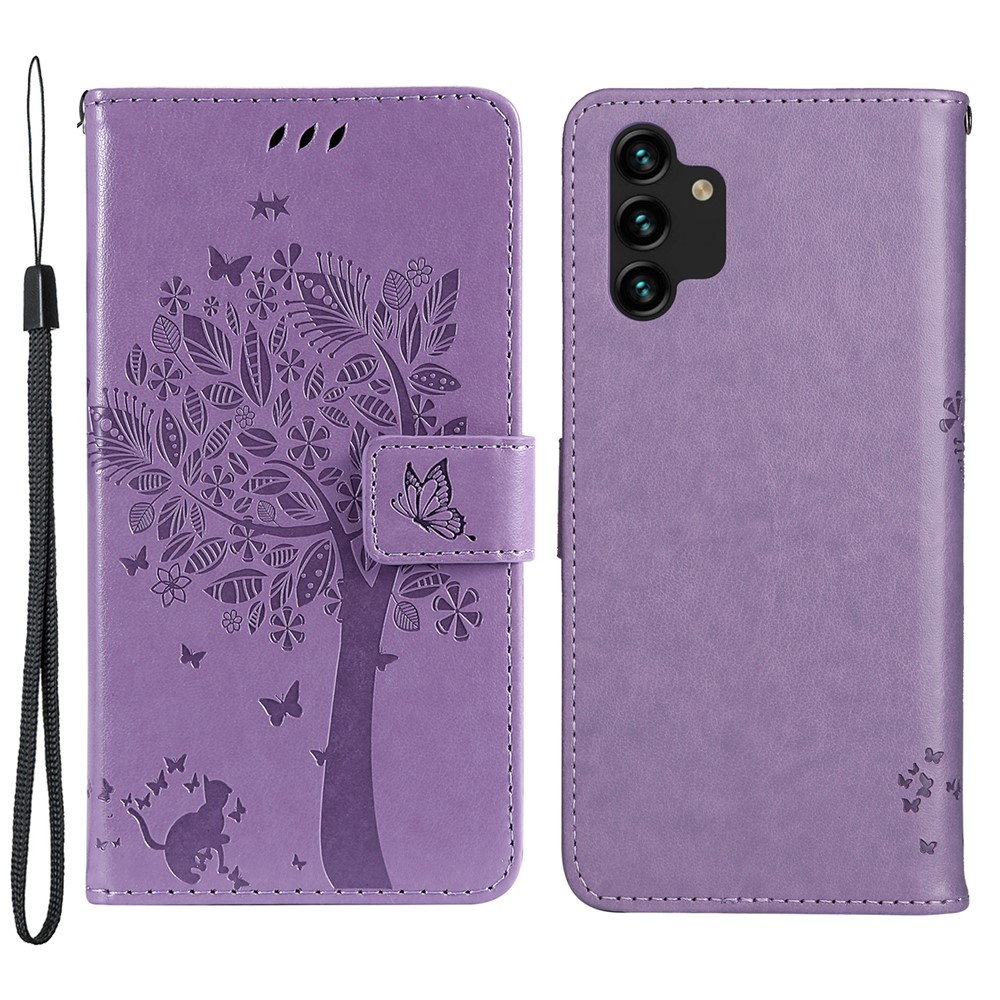 Cat Tree Pattern Imprinted PU Leather Flip Wallet Case Stand Inner TPU Shockproof Cover with Strap for Samsung Galaxy A13 4G/A13 Lite 4G - Light Purple-1