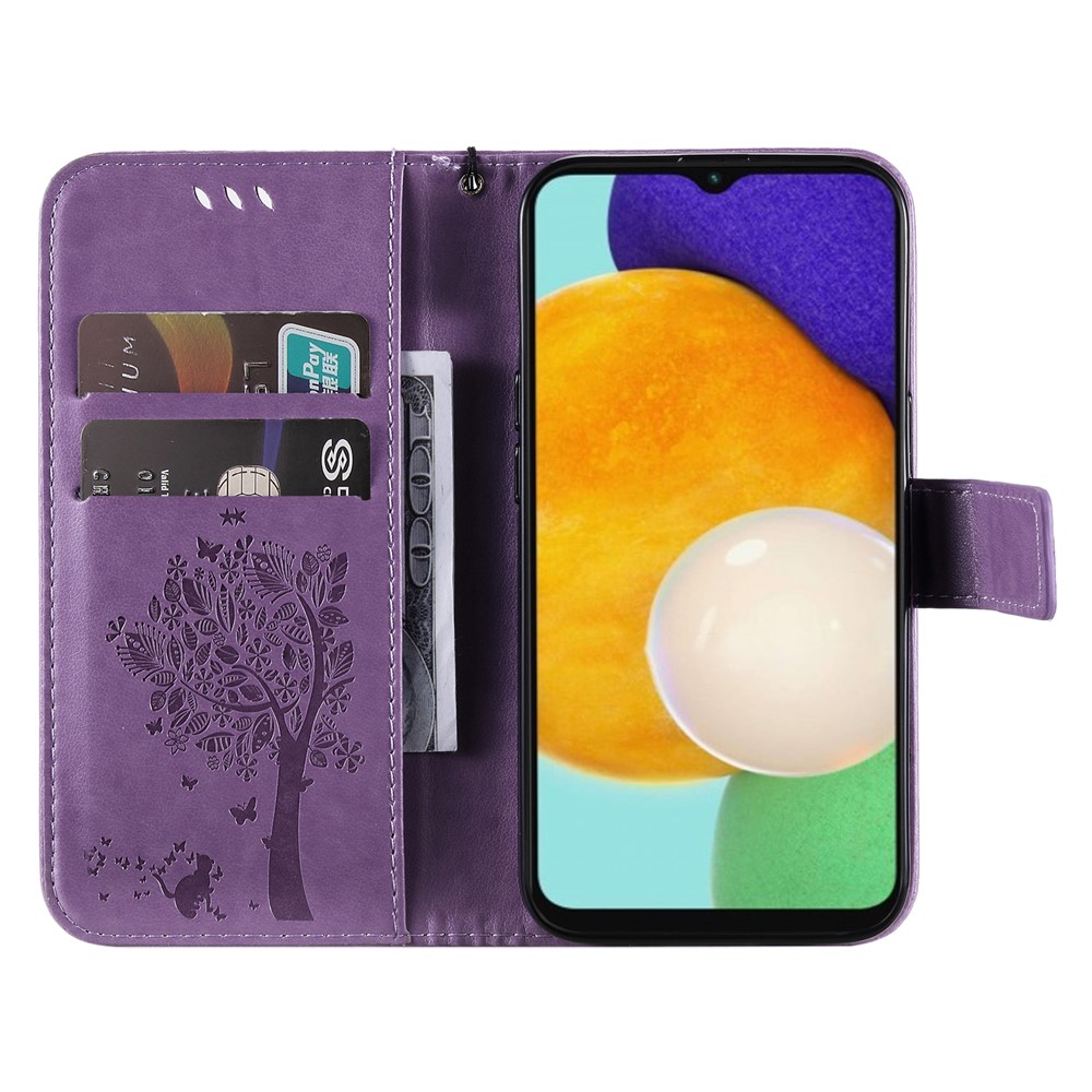 Cat Tree Pattern Imprinted PU Leather Flip Wallet Case Stand Inner TPU Shockproof Cover with Strap for Samsung Galaxy A13 4G/A13 Lite 4G - Light Purple-4