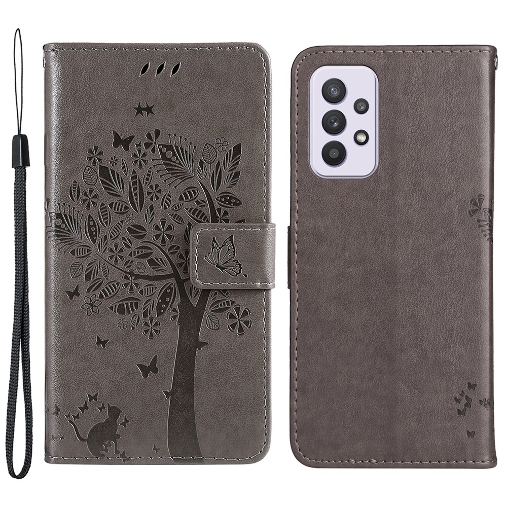 Cat Tree Pattern Imprinted PU Leather Magnetic Flip Cover Stand Wallet Phone Case with Strap for Samsung Galaxy A33 5G - Grey-1