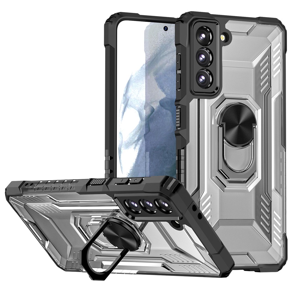 RUGGED SHIELD Hard PC + Soft TPU Hybrid Mobile Phone Shell Shockproof Ring Kickstand Cover for Samsung Galaxy S21 FE 5G - Black-1