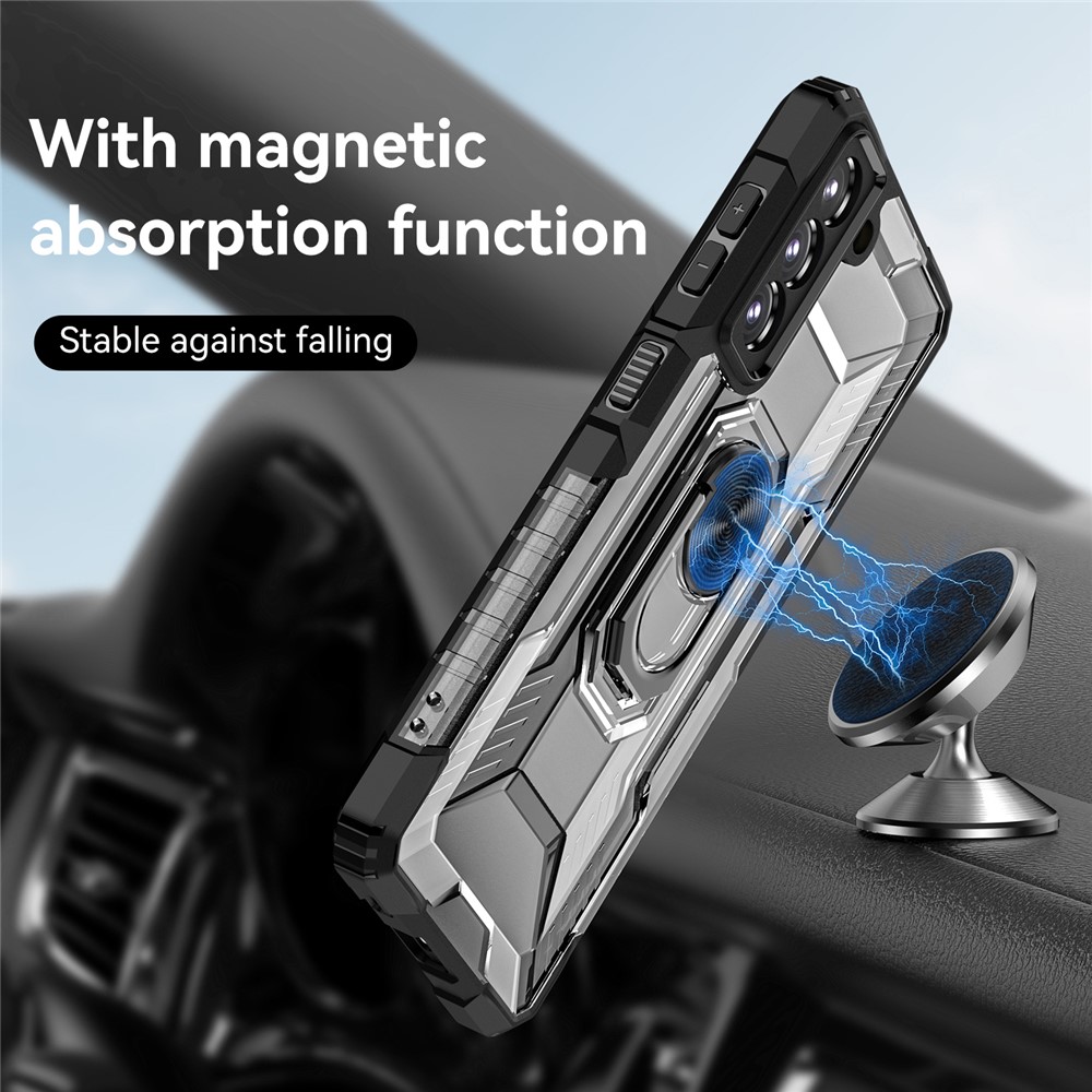 RUGGED SHIELD Hard PC + Soft TPU Hybrid Mobile Phone Shell Shockproof Ring Kickstand Cover for Samsung Galaxy S21 FE 5G - Black-5
