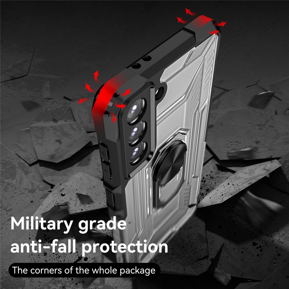 RUGGED SHIELD Hard PC + Soft TPU Hybrid Mobile Phone Shell Shockproof Ring Kickstand Cover for Samsung Galaxy S21 FE 5G - Black-7