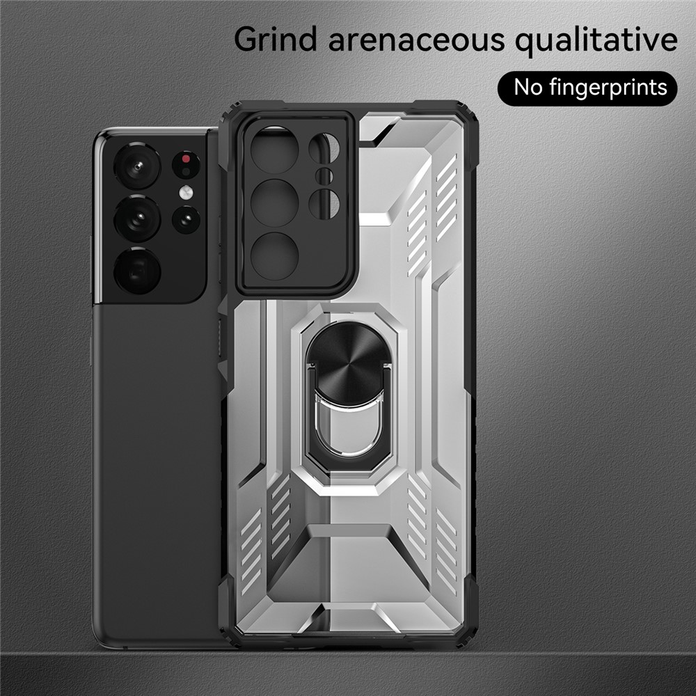 RUGGED SHIELD Hard PC + Soft TPU Hybrid Phone Case Anti-fingerprint Ring Kickstand Cover for Samsung Galaxy S21 Ultra 5G - Black-4