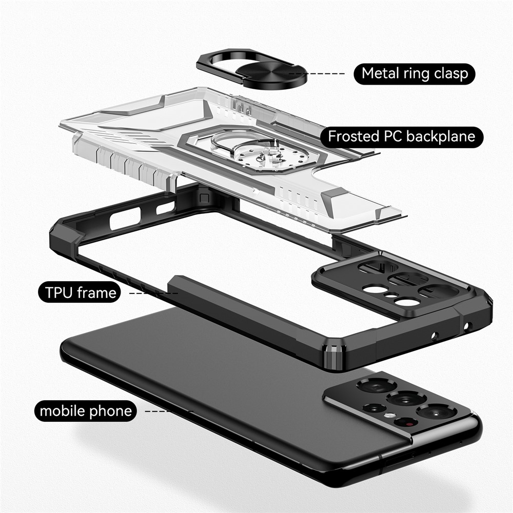 RUGGED SHIELD Hard PC + Soft TPU Hybrid Phone Case Anti-fingerprint Ring Kickstand Cover for Samsung Galaxy S21 Ultra 5G - Black-6
