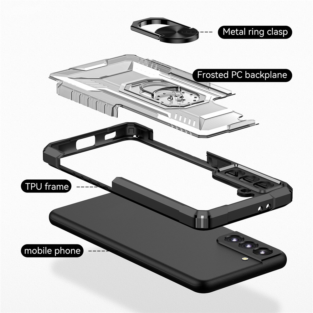 RUGGED SHIELD Anti-fall Protection Hard PC + Soft TPU Phone Case Ring Kickstand Cover for Samsung Galaxy S21+ 5G - Black-6