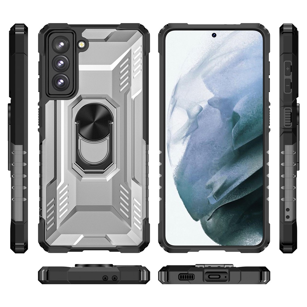 RUGGED SHIELD Anti-fall Protection Hard PC + Soft TPU Phone Case Ring Kickstand Cover for Samsung Galaxy S21+ 5G - Black-8