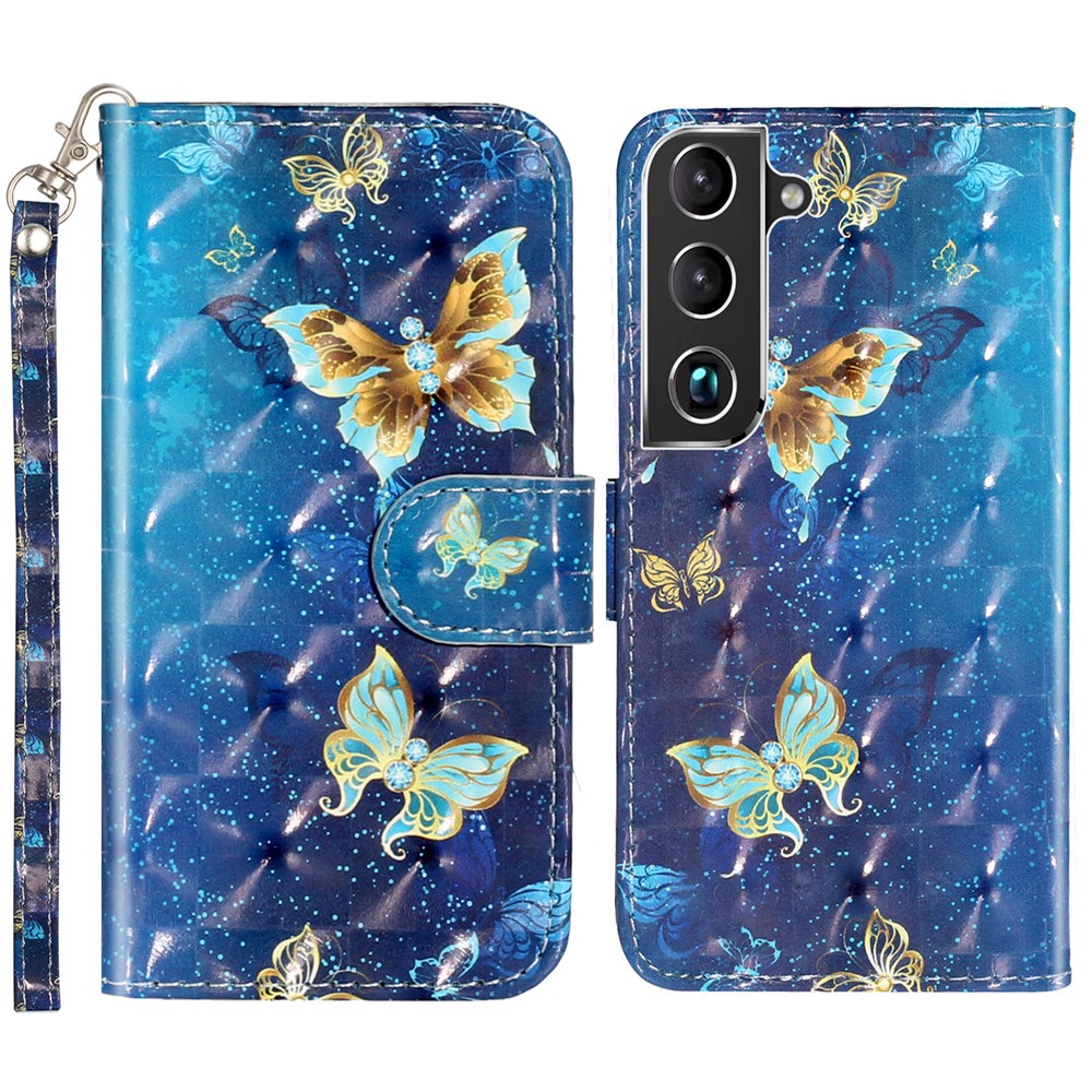 Shockproof Folio Flip Pattern Printing Leather Wallet Phone Case Cover with Stand for Samsung Galaxy S22+ 5G - Blue Gold Butterfly-1