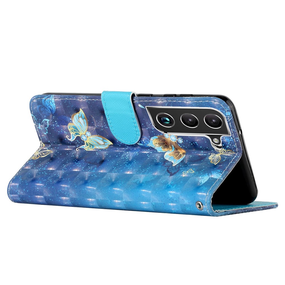 Shockproof Folio Flip Pattern Printing Leather Wallet Phone Case Cover with Stand for Samsung Galaxy S22+ 5G - Blue Gold Butterfly-5