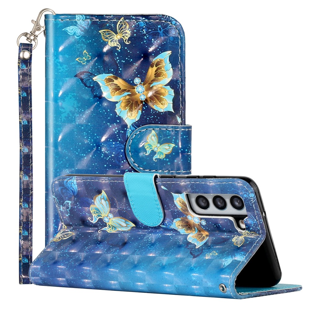 Shockproof Folio Flip Pattern Printing Leather Wallet Phone Case Cover with Stand for Samsung Galaxy S22+ 5G - Blue Gold Butterfly-6