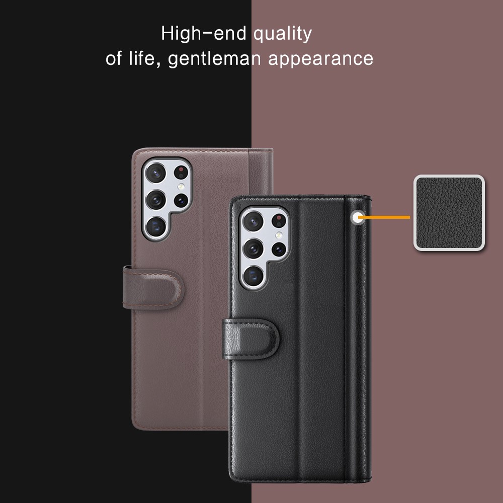 Overall Wrapped Genuine Split Leather Phone Case Stand TPU Wallet Flip Cover for Samsung Galaxy S22 Ultra 5G - Black-10