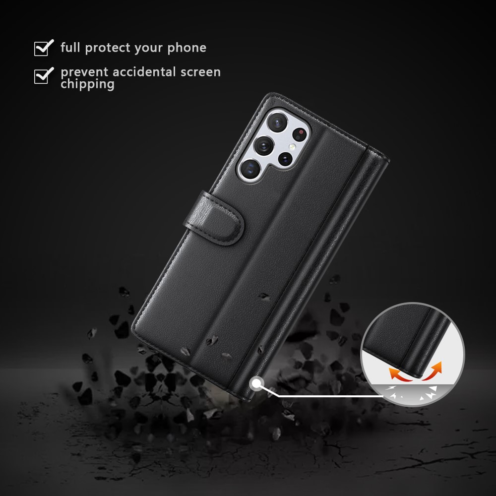 Overall Wrapped Genuine Split Leather Phone Case Stand TPU Wallet Flip Cover for Samsung Galaxy S22 Ultra 5G - Black-11