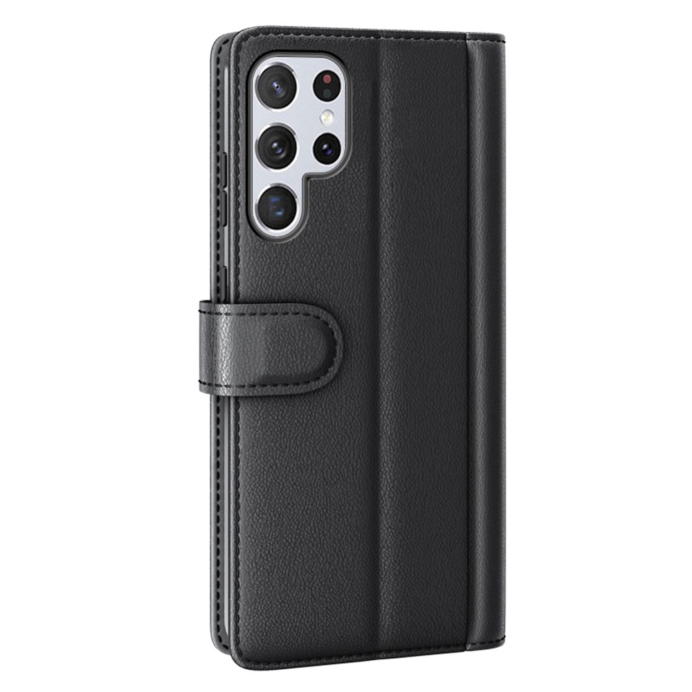 Overall Wrapped Genuine Split Leather Phone Case Stand TPU Wallet Flip Cover for Samsung Galaxy S22 Ultra 5G - Black-3