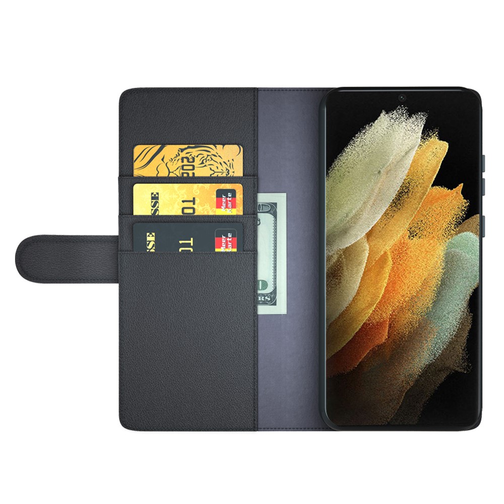 Overall Wrapped Genuine Split Leather Phone Case Stand TPU Wallet Flip Cover for Samsung Galaxy S22 Ultra 5G - Black-4