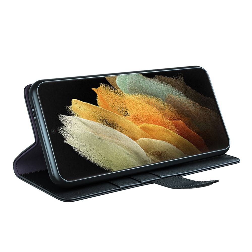 Overall Wrapped Genuine Split Leather Phone Case Stand TPU Wallet Flip Cover for Samsung Galaxy S22 Ultra 5G - Black-5