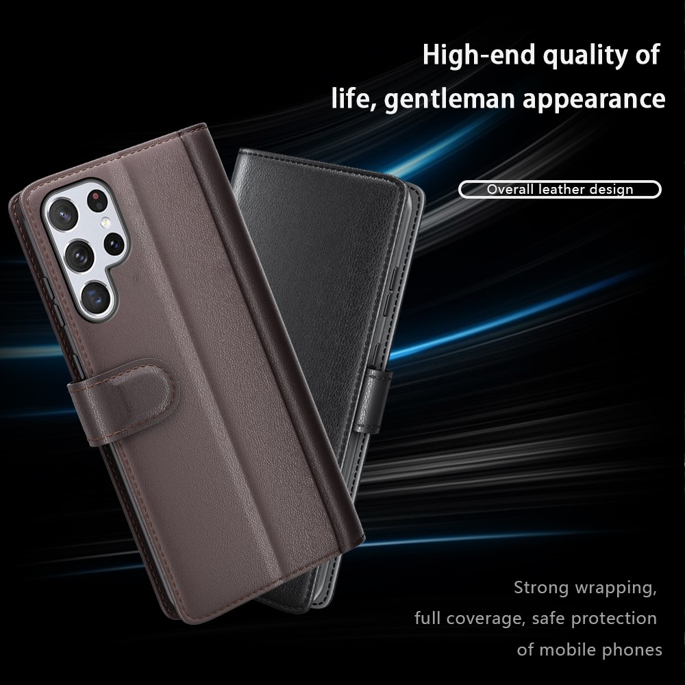 Overall Wrapped Genuine Split Leather Phone Case Stand TPU Wallet Flip Cover for Samsung Galaxy S22 Ultra 5G - Black-6
