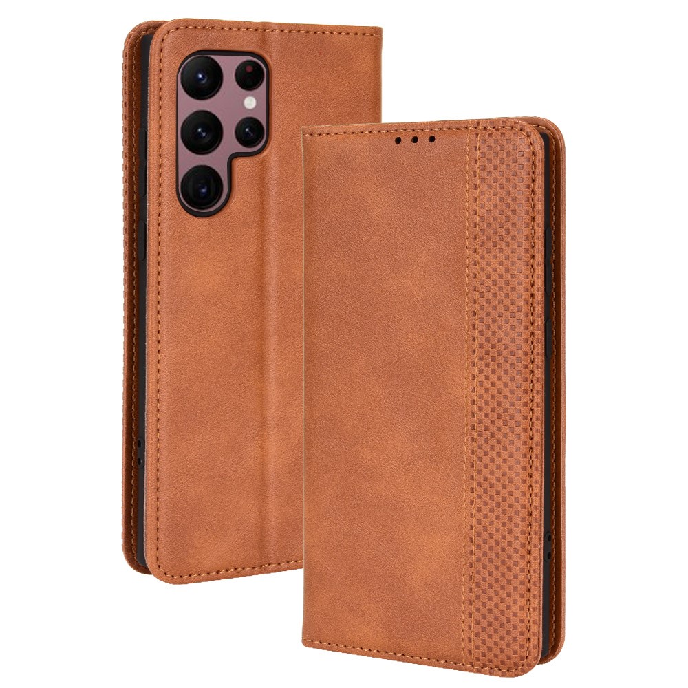 Retro Style Imprinted Leather Cover + TPU Inner Case Wallet Stand Phone Cover Cellphone Shell for Samsung Galaxy S22 Ultra 5G - Brown-1