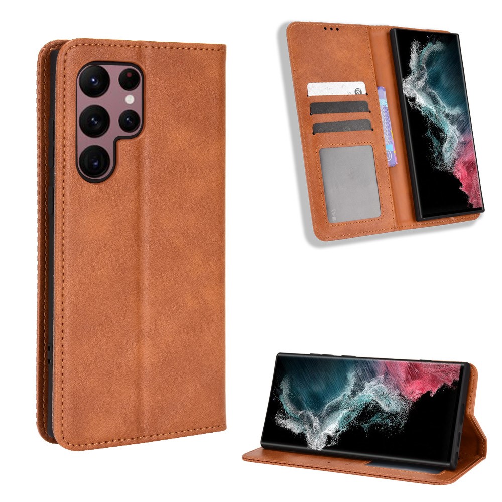 Retro Style Imprinted Leather Cover + TPU Inner Case Wallet Stand Phone Cover Cellphone Shell for Samsung Galaxy S22 Ultra 5G - Brown-11