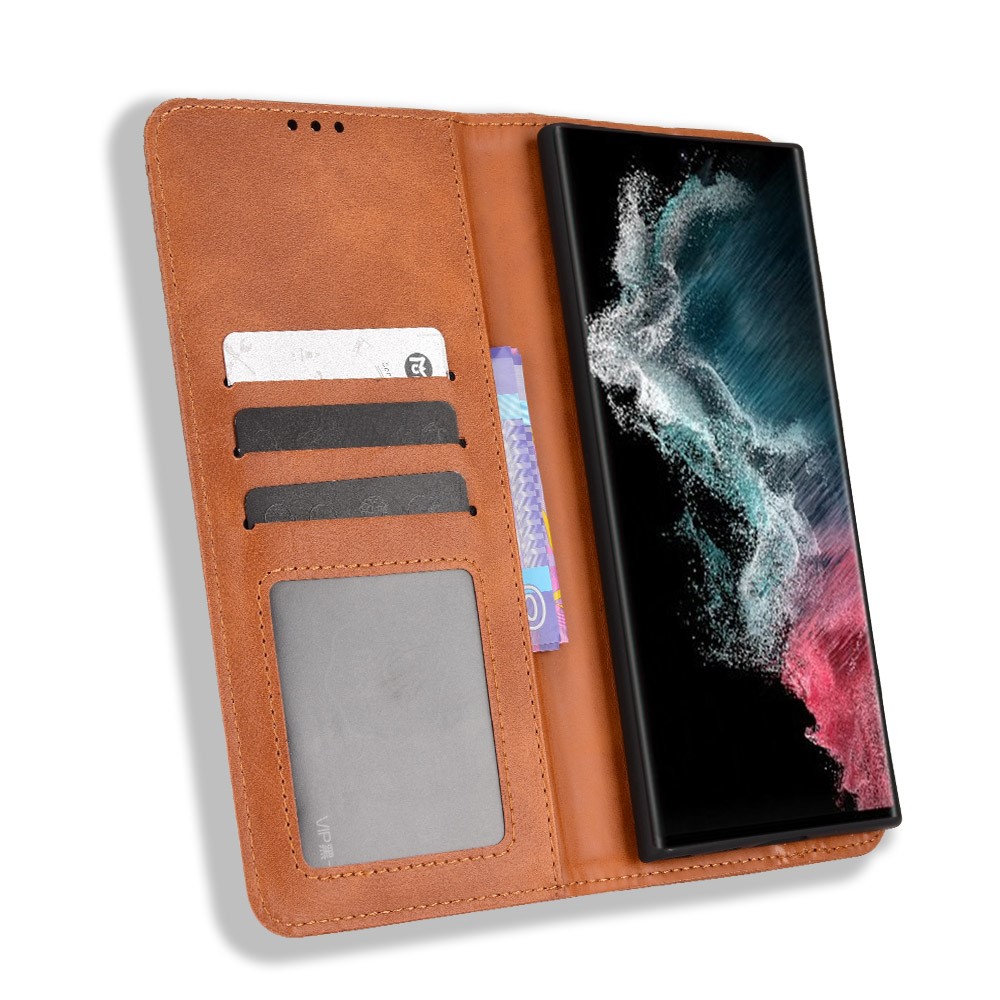 Retro Style Imprinted Leather Cover + TPU Inner Case Wallet Stand Phone Cover Cellphone Shell for Samsung Galaxy S22 Ultra 5G - Brown-4