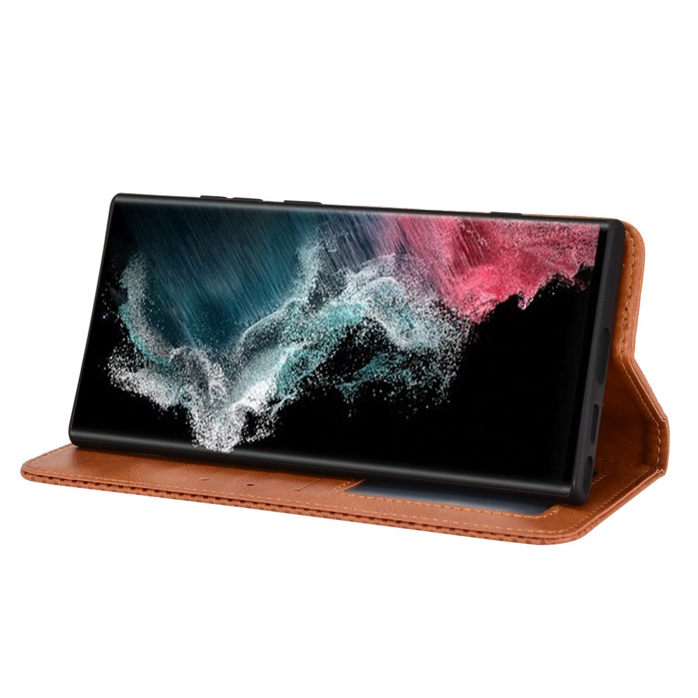 Retro Style Imprinted Leather Cover + TPU Inner Case Wallet Stand Phone Cover Cellphone Shell for Samsung Galaxy S22 Ultra 5G - Brown-5