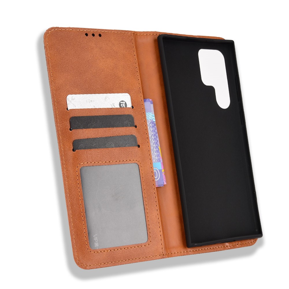 Retro Style Imprinted Leather Cover + TPU Inner Case Wallet Stand Phone Cover Cellphone Shell for Samsung Galaxy S22 Ultra 5G - Brown-6