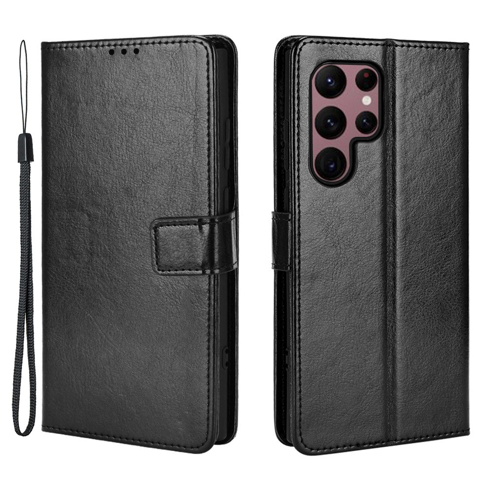 Crazy Horse Texture Stand Wallet Impact Buffer PU Leather + TPU Case Phone Cover for Samsung Galaxy S22 Ultra 5G - Black-1
