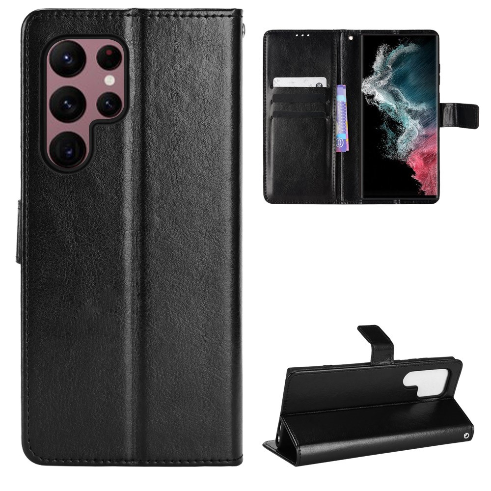 Crazy Horse Texture Stand Wallet Impact Buffer PU Leather + TPU Case Phone Cover for Samsung Galaxy S22 Ultra 5G - Black-8