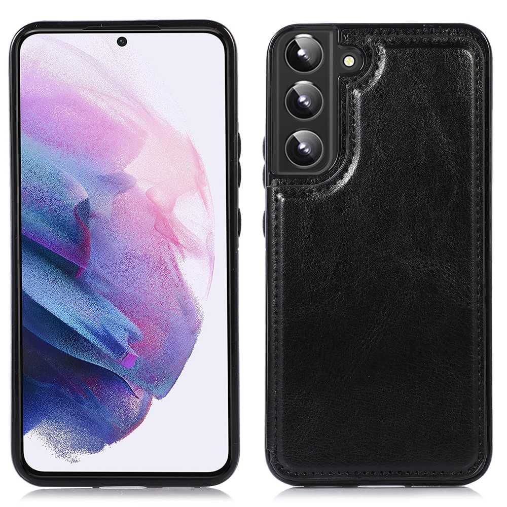 Card Slots Design PU Leather Coated TPU Phone Case Crazy Horse Texture Kickstand Double Magnetic Clasp Back Cover for Samsung Galaxy S22+ 5G - Black-1