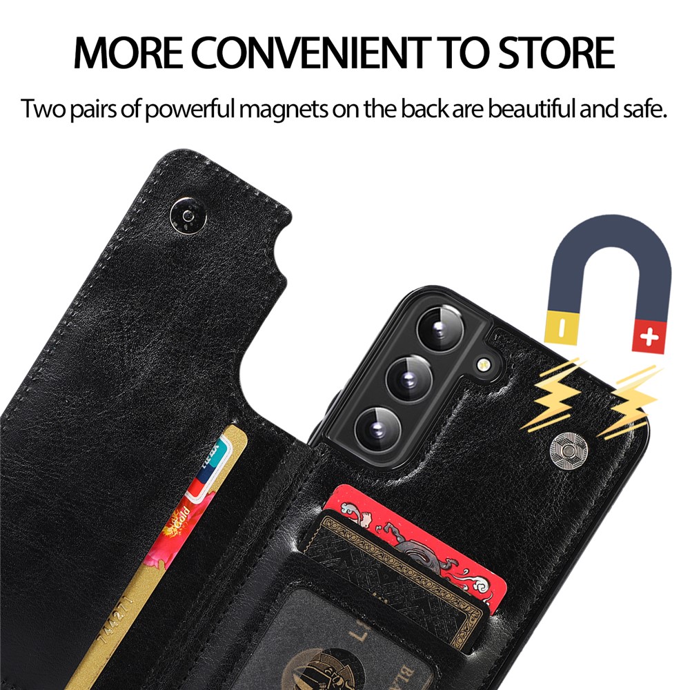 Card Slots Design PU Leather Coated TPU Phone Case Crazy Horse Texture Kickstand Double Magnetic Clasp Back Cover for Samsung Galaxy S22+ 5G - Black-11