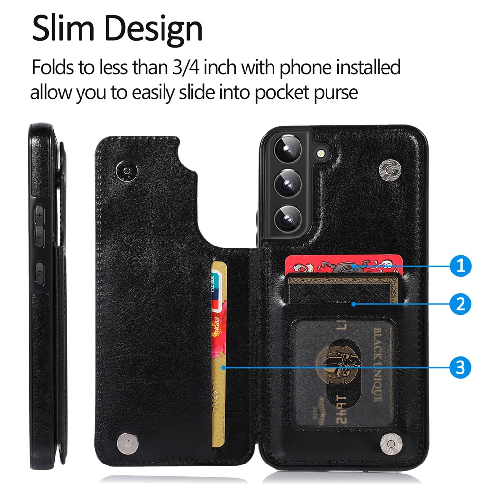 Card Slots Design PU Leather Coated TPU Phone Case Crazy Horse Texture Kickstand Double Magnetic Clasp Back Cover for Samsung Galaxy S22+ 5G - Black-13