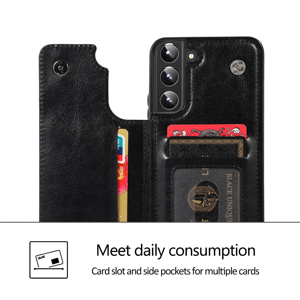 Card Slots Design PU Leather Coated TPU Phone Case Crazy Horse Texture Kickstand Double Magnetic Clasp Back Cover for Samsung Galaxy S22+ 5G - Black-8