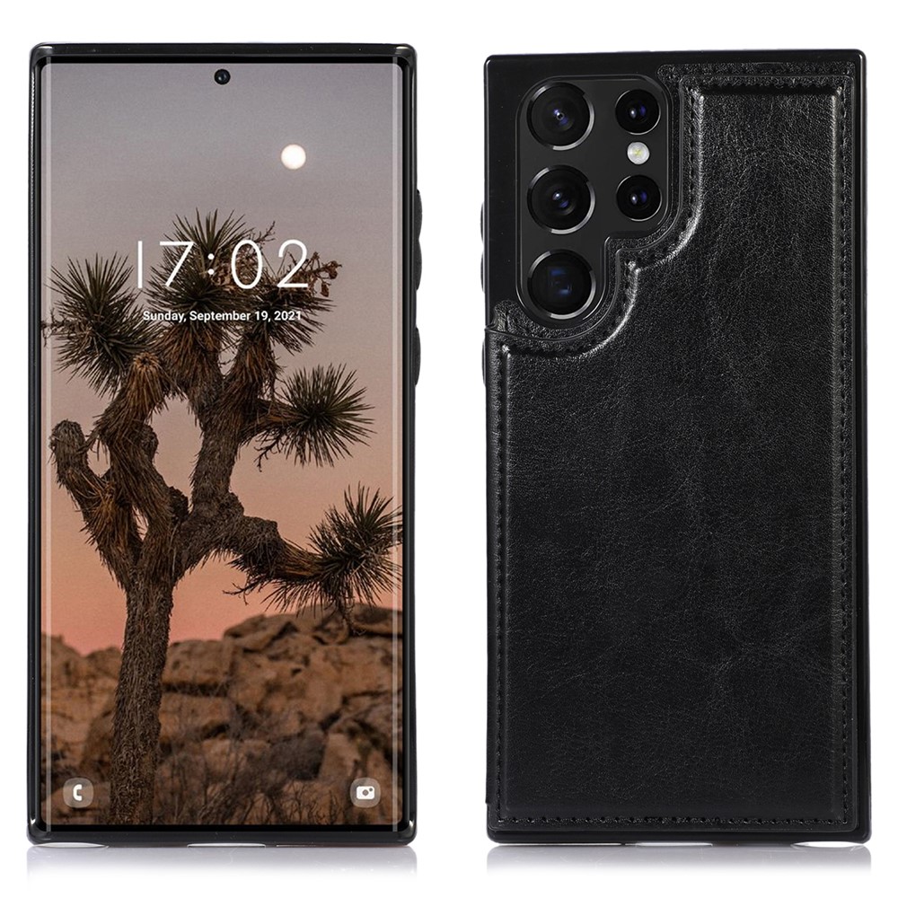 Crazy Horse Texture PU Leather Coated TPU Card Holder Case Double Magnetic Buttons Kickstand Cover for Samsung Galaxy S22 Ultra 5G - Black-1