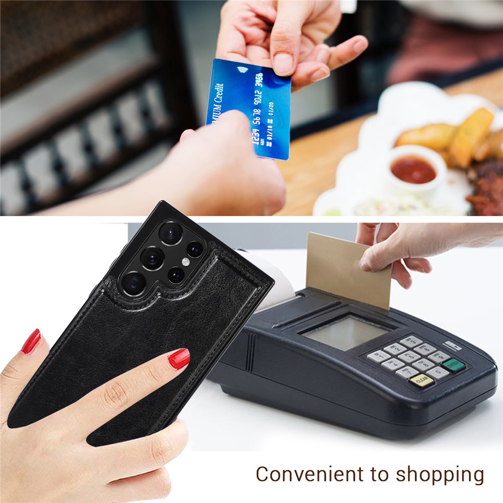Crazy Horse Texture PU Leather Coated TPU Card Holder Case Double Magnetic Buttons Kickstand Cover for Samsung Galaxy S22 Ultra 5G - Black-11