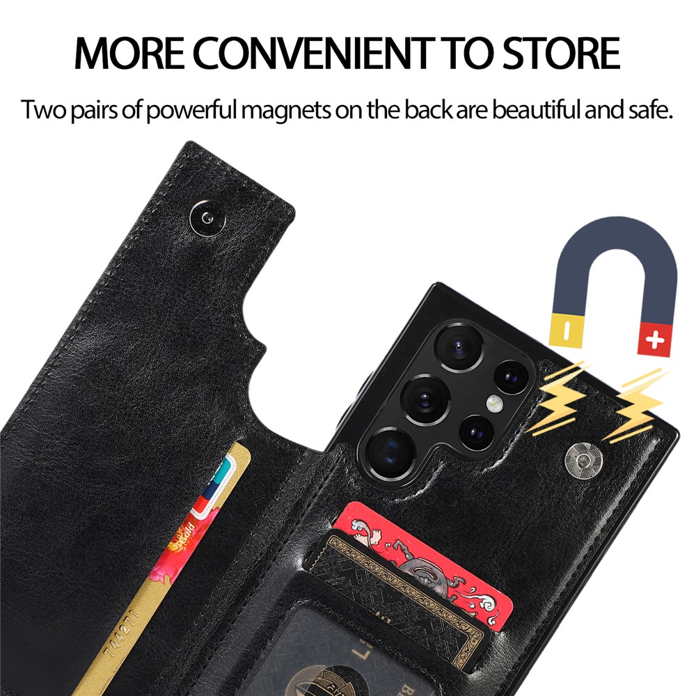 Crazy Horse Texture PU Leather Coated TPU Card Holder Case Double Magnetic Buttons Kickstand Cover for Samsung Galaxy S22 Ultra 5G - Black-12