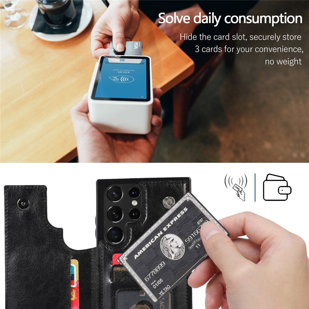 Crazy Horse Texture PU Leather Coated TPU Card Holder Case Double Magnetic Buttons Kickstand Cover for Samsung Galaxy S22 Ultra 5G - Black-13