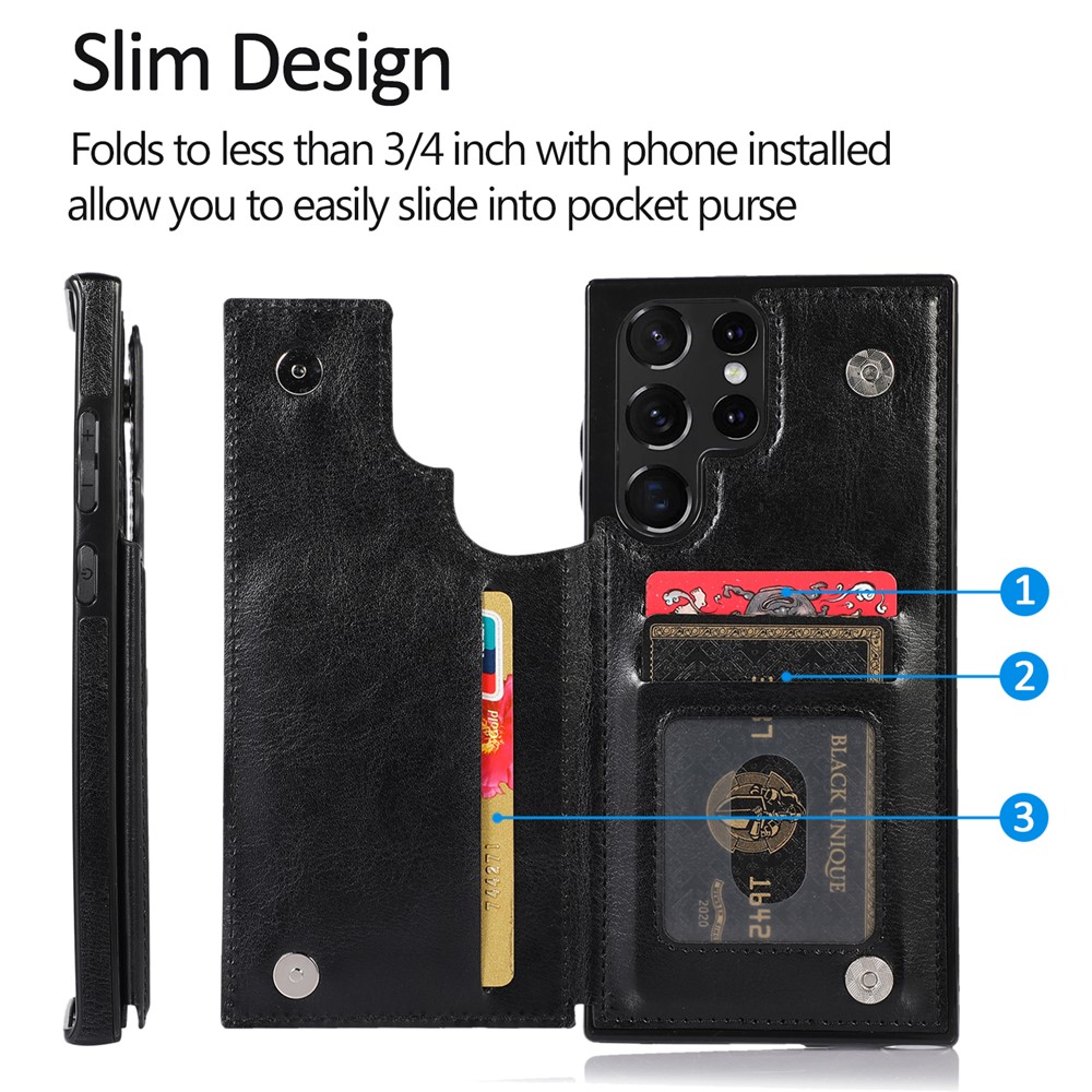 Crazy Horse Texture PU Leather Coated TPU Card Holder Case Double Magnetic Buttons Kickstand Cover for Samsung Galaxy S22 Ultra 5G - Black-14