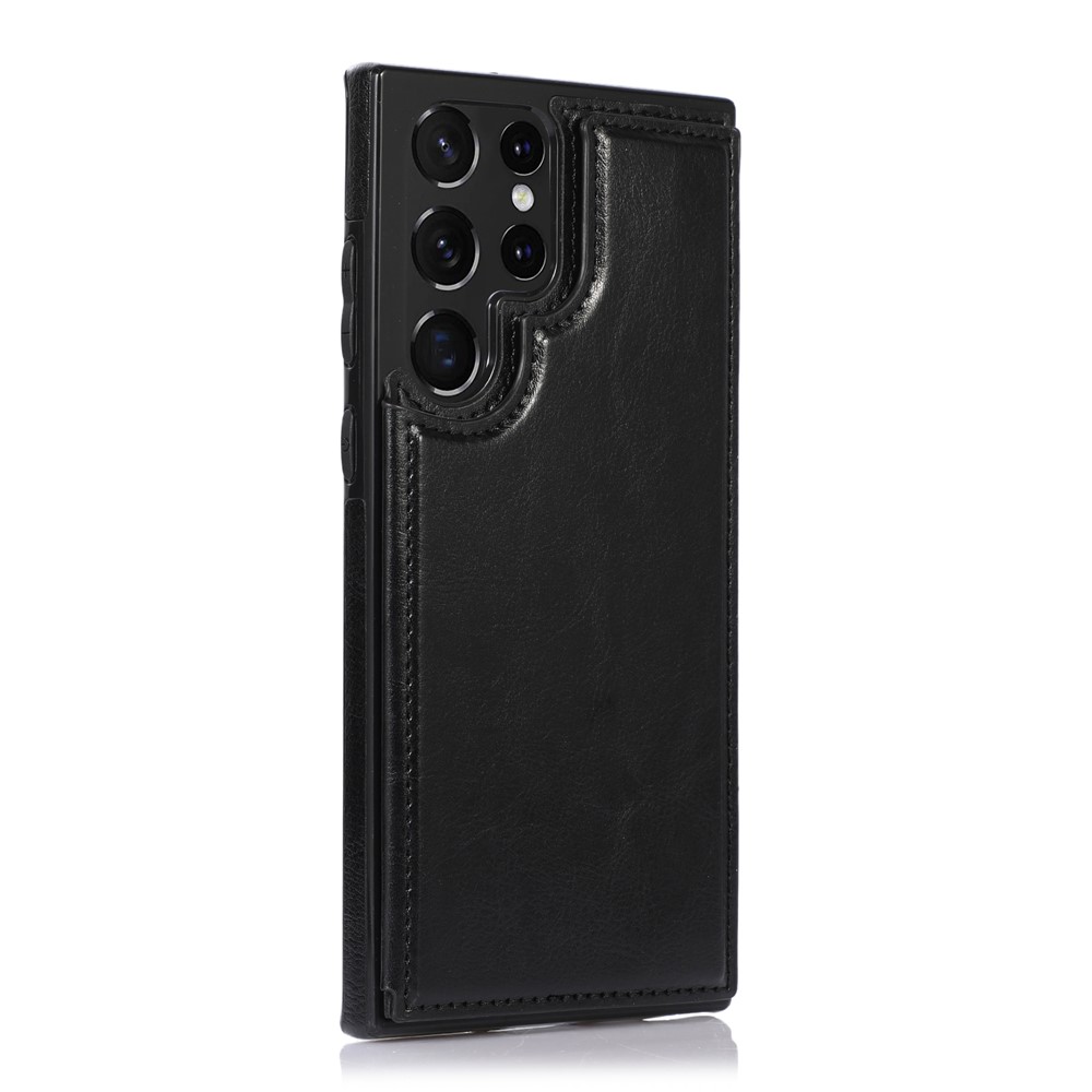 Crazy Horse Texture PU Leather Coated TPU Card Holder Case Double Magnetic Buttons Kickstand Cover for Samsung Galaxy S22 Ultra 5G - Black-3