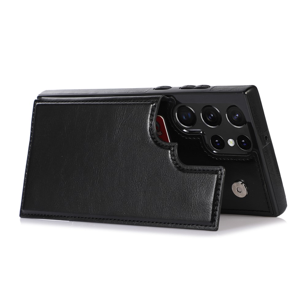 Crazy Horse Texture PU Leather Coated TPU Card Holder Case Double Magnetic Buttons Kickstand Cover for Samsung Galaxy S22 Ultra 5G - Black-6