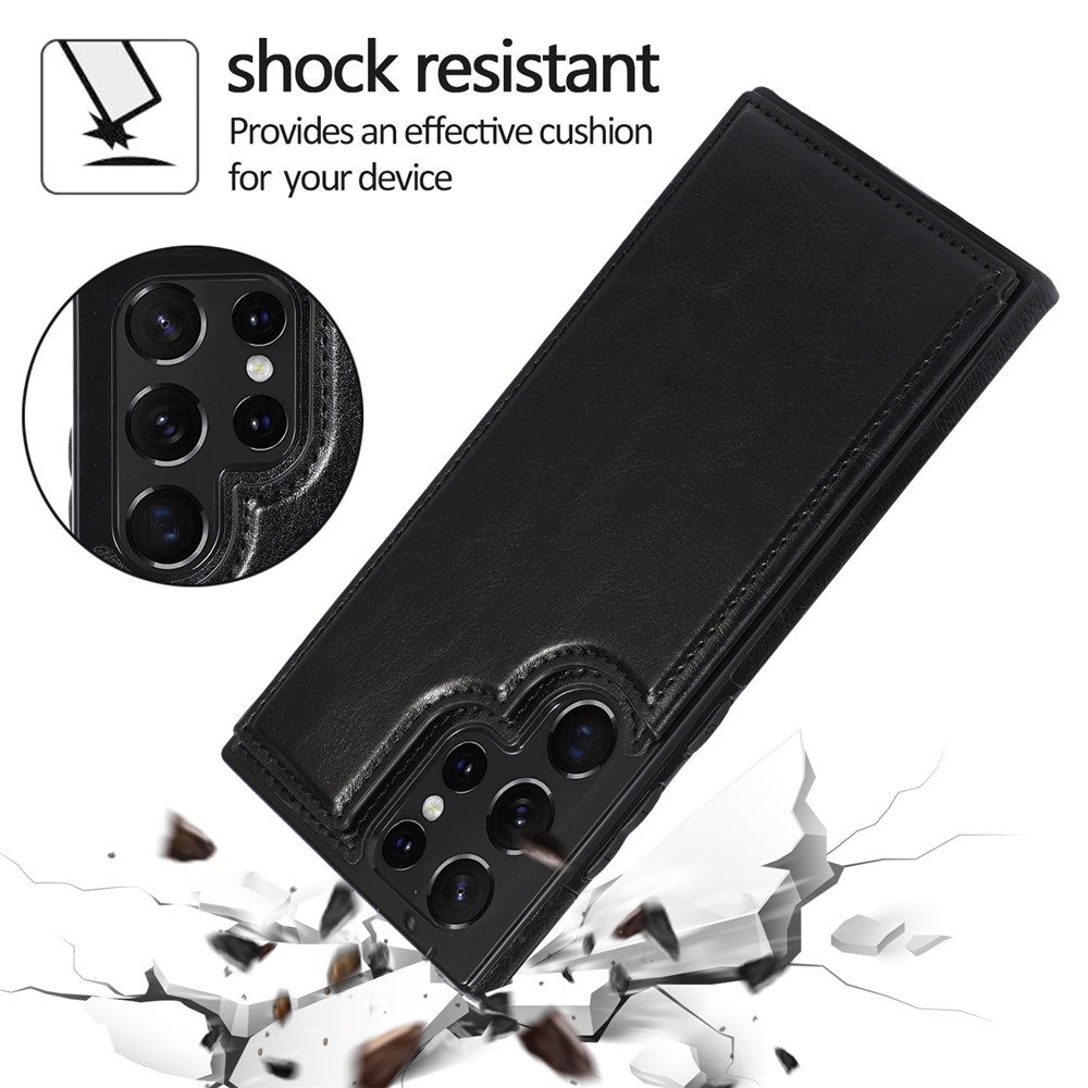 Crazy Horse Texture PU Leather Coated TPU Card Holder Case Double Magnetic Buttons Kickstand Cover for Samsung Galaxy S22 Ultra 5G - Black-7