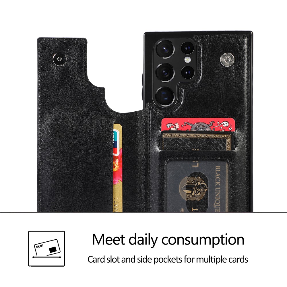 Crazy Horse Texture PU Leather Coated TPU Card Holder Case Double Magnetic Buttons Kickstand Cover for Samsung Galaxy S22 Ultra 5G - Black-9
