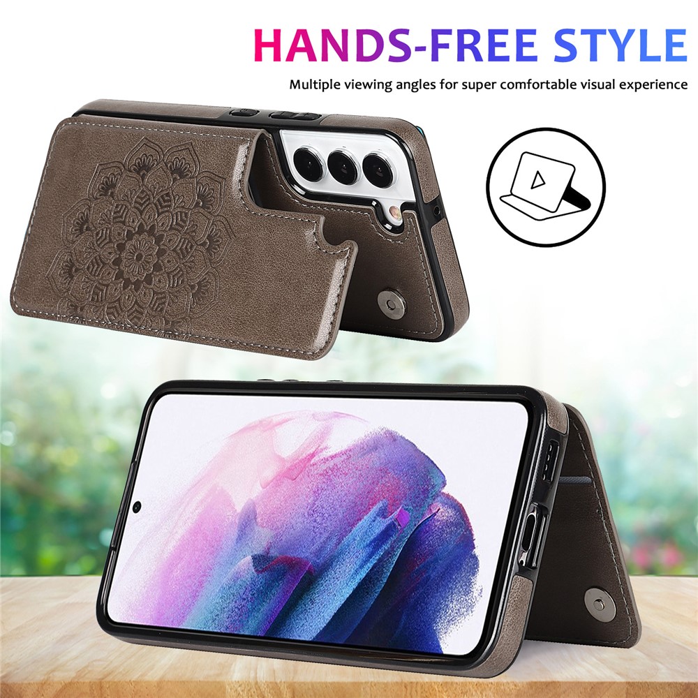 For Samsung Galaxy S22 5G Card Holder Scratch-resistant PU Leather Coated TPU Phone Case Imprinted Mandala Flower Kickstand Phone Cover for Samsung Galaxy S22 Ultra 5G - Grey-10