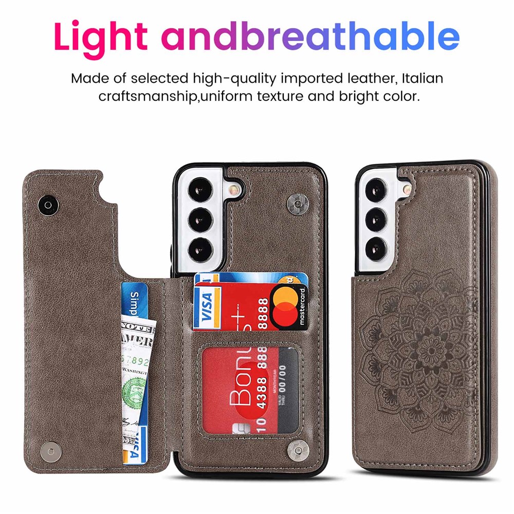 For Samsung Galaxy S22 5G Card Holder Scratch-resistant PU Leather Coated TPU Phone Case Imprinted Mandala Flower Kickstand Phone Cover for Samsung Galaxy S22 Ultra 5G - Grey-7